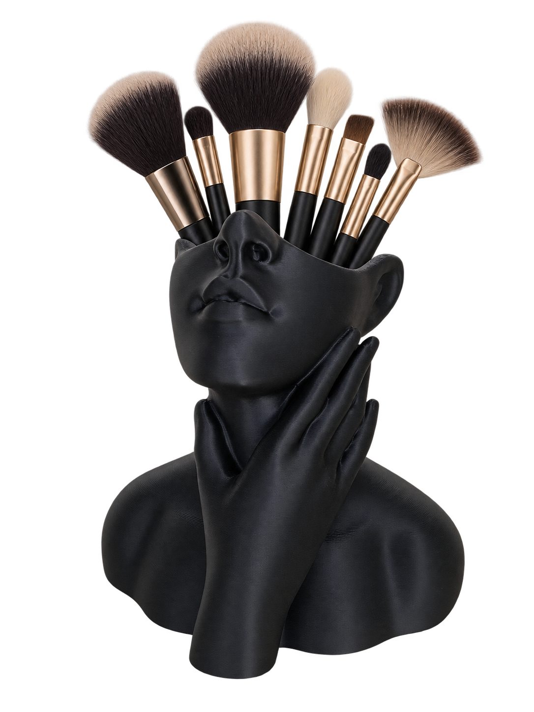 Busto preto impresso em 3D usado como porta-pincéis de maquilhagem