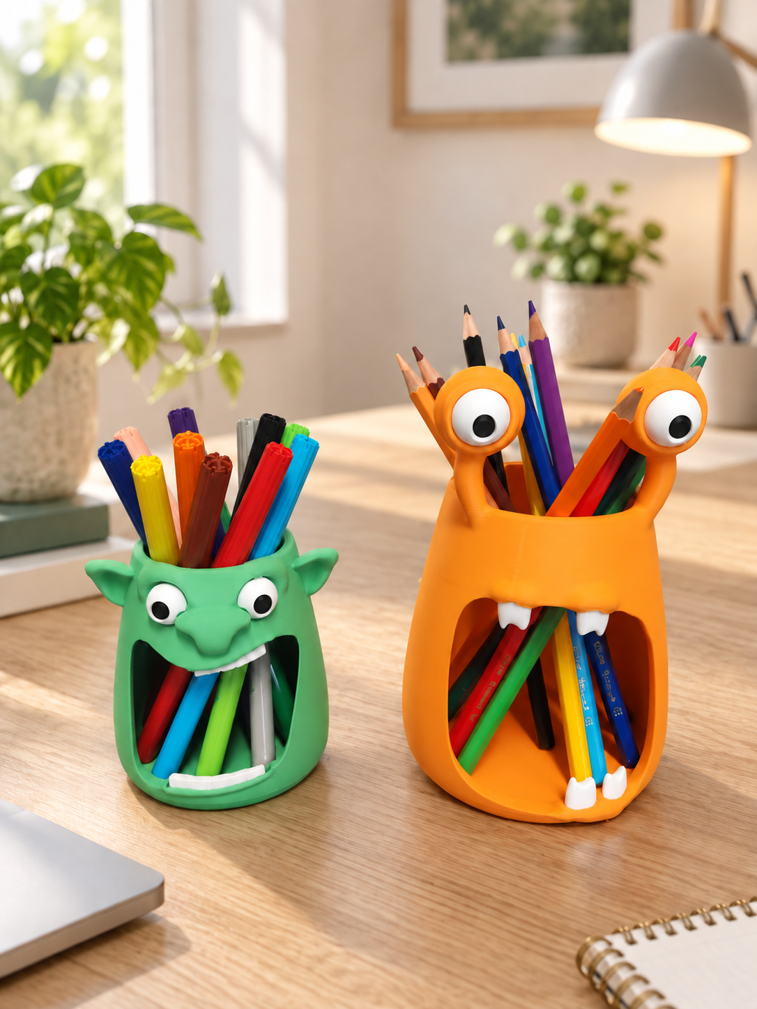 Dois copos porta-canetas em forma de monstro, verde e laranja, cheios de canetas e lápis sobre uma secretária