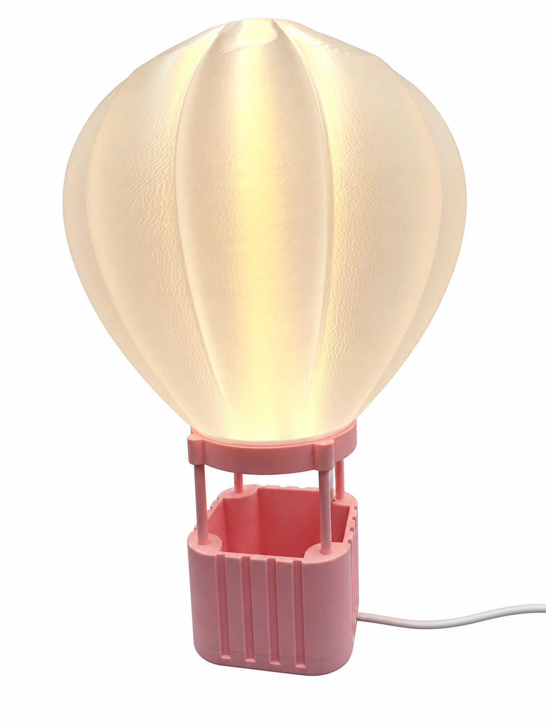 Candeeiro em forma de balão de ar quente impresso em 3D, cor rosa, aceso