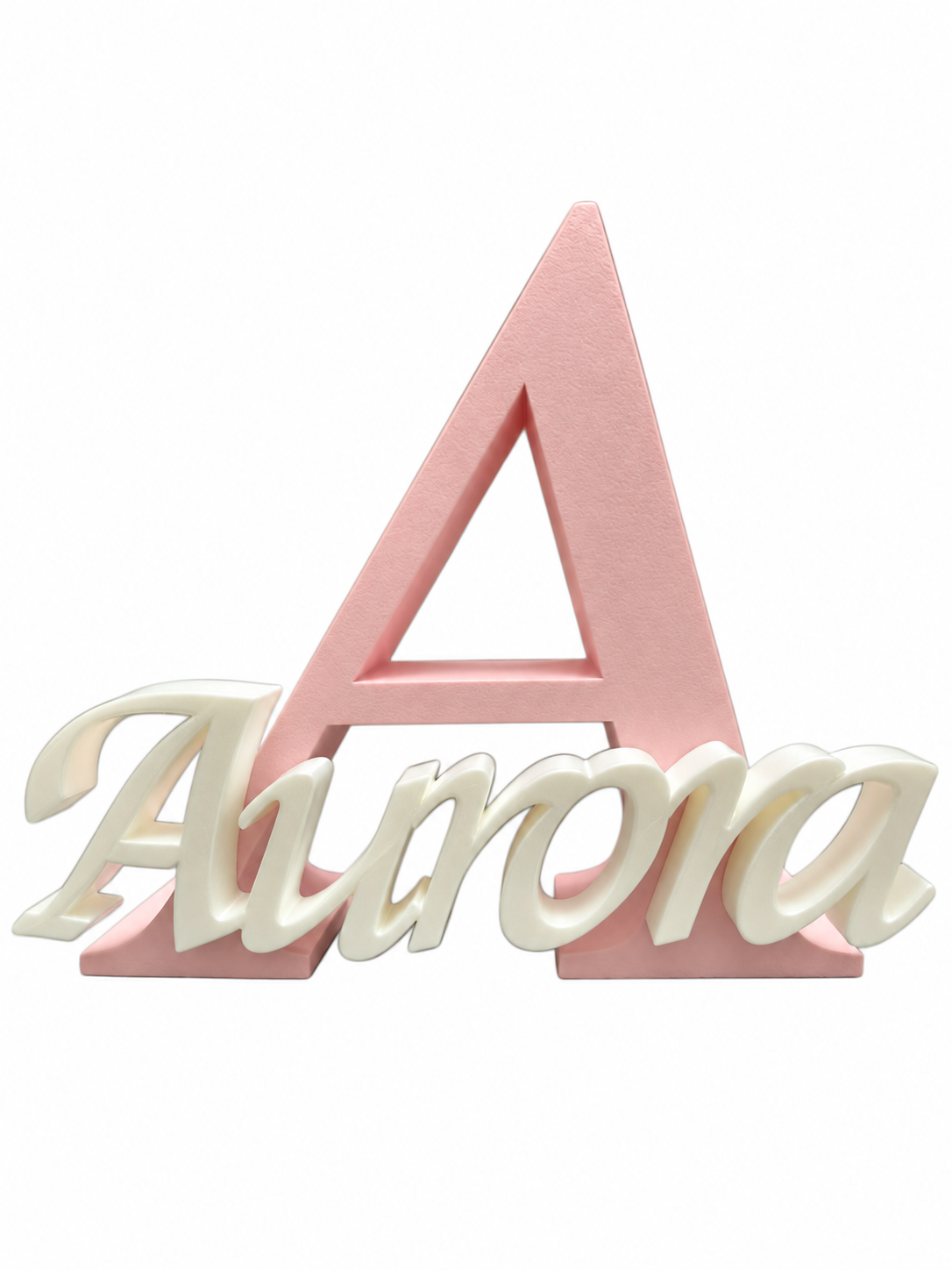 Letra A rosa com o nome Aurora em branco impresso em 3D, personalizada